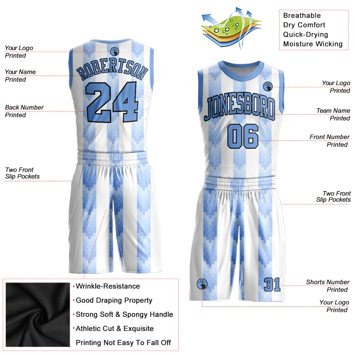 Custom White Light Blue-Black Round Neck Sublimation Basketball Uniform Jersey