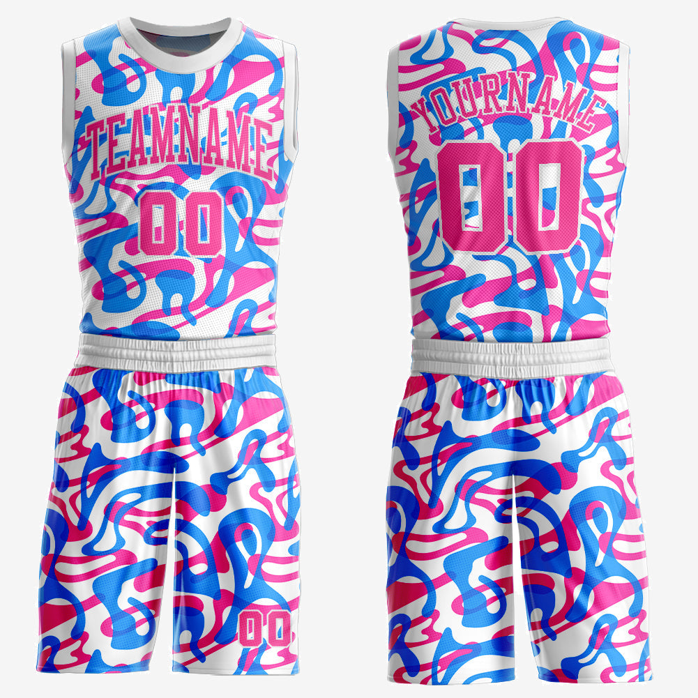 Custom White Pink-Light Blue Music Festival Round Neck Sublimation Basketball Uniform Jersey