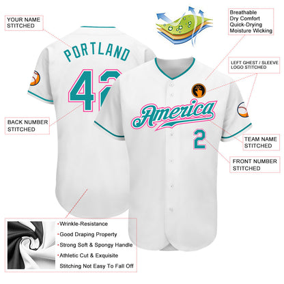 Custom White Teal-Pink Authentic Baseball Jersey