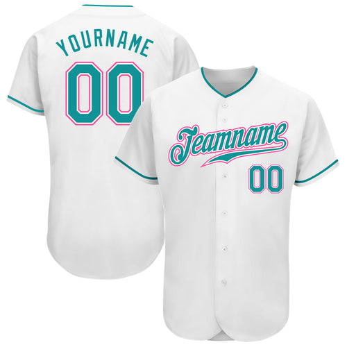 Custom White Teal-Pink Authentic Baseball Jersey