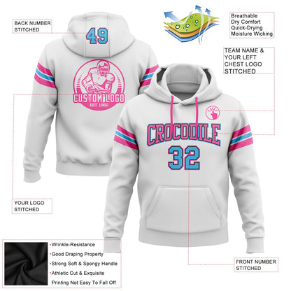 Custom Stitched White Sky Blue Black-Pink Football Pullover Sweatshirt Hoodie