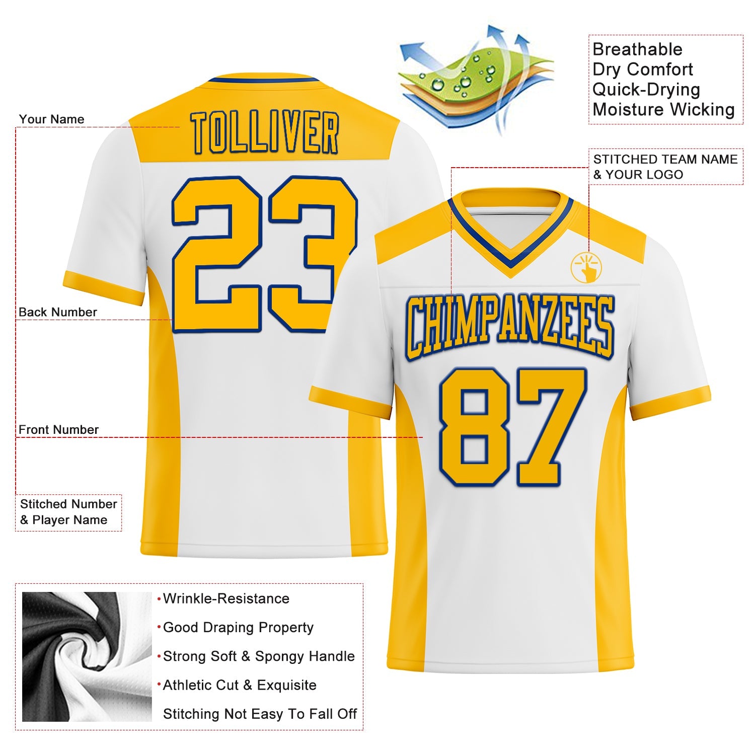 Custom White Gold-Royal Authentic Football Jersey