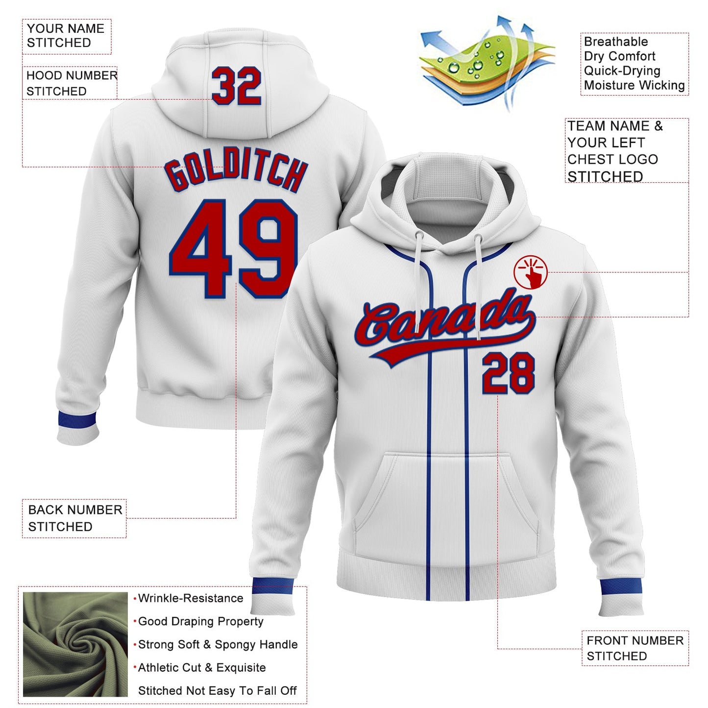 Custom Stitched White Red-Royal Baseball Pullover Sweatshirt Hoodie