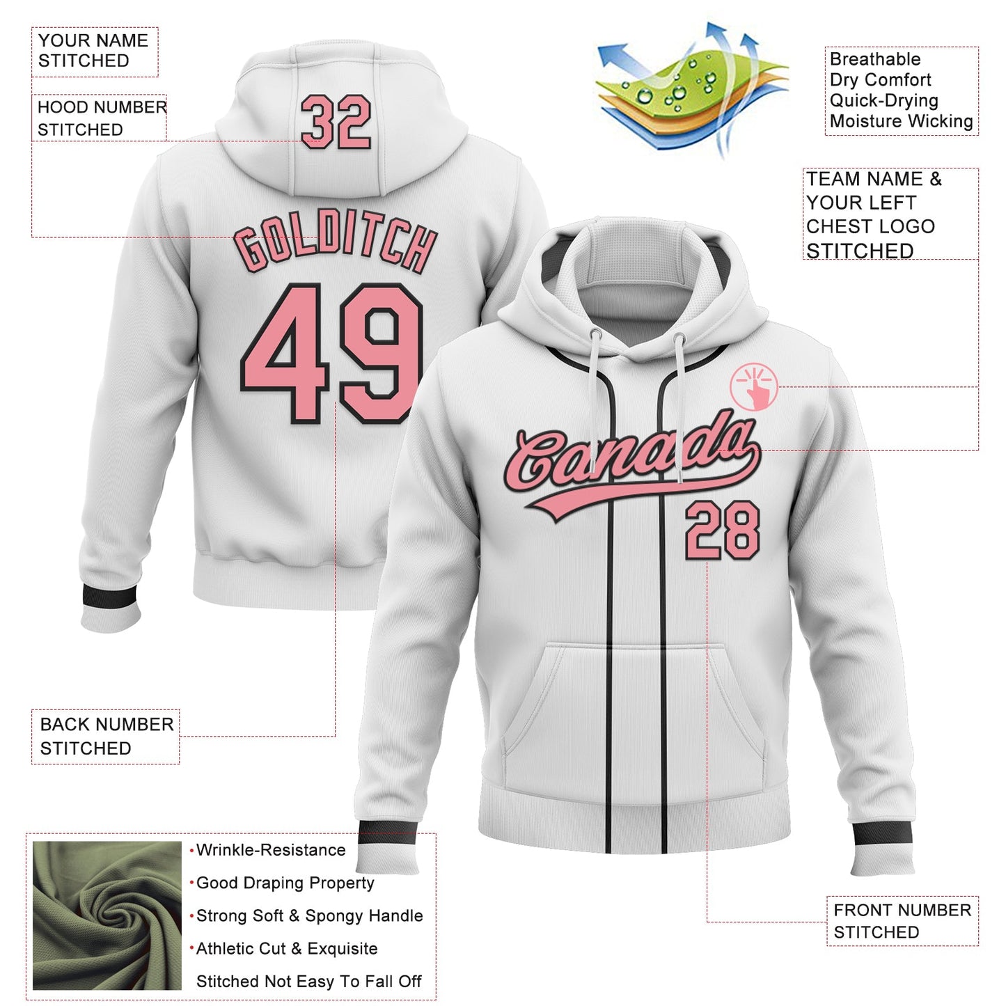 Custom Stitched White Medium Pink-Black Baseball Pullover Sweatshirt Hoodie