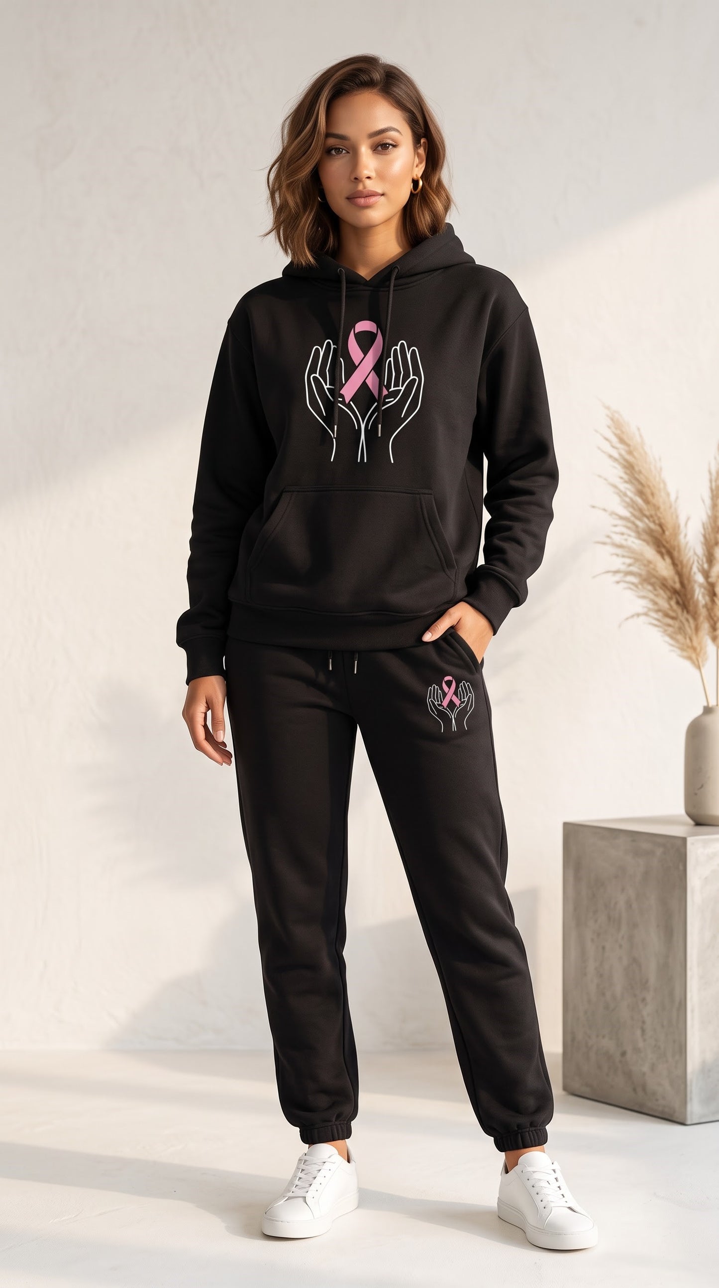 Pink Ribbon Hoodie & Sweatpants Set, Breast Cancer Awareness Tracksuit, Hope Support Outfit Hoodie & Sweatpants Set — 8 Styles