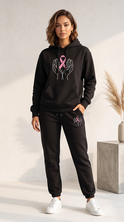 Pink Ribbon Hoodie & Sweatpants Set, Breast Cancer Awareness Tracksuit, Hope Support Outfit Hoodie & Sweatpants Set — 8 Styles