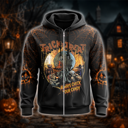 Halloween Trick or Treat Horror Graphic Shirt — Always Check Your Candy T-Shirt — Sweatshirt — Hoodi - Custom Fan Apparel Image 7