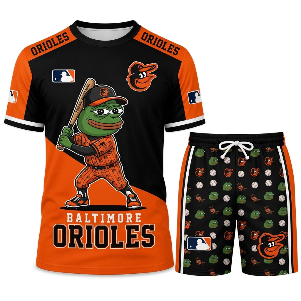 Meme Frog Baseball Fan T-Shirt And Shorts Set, Funny Sport Outfit | 30 Teams Available