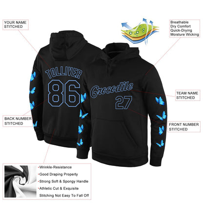 Custom Stitched Black Black-Light Blue 3D Pattern Design Butterfly Sports Pullover Sweatshirt Hoodie