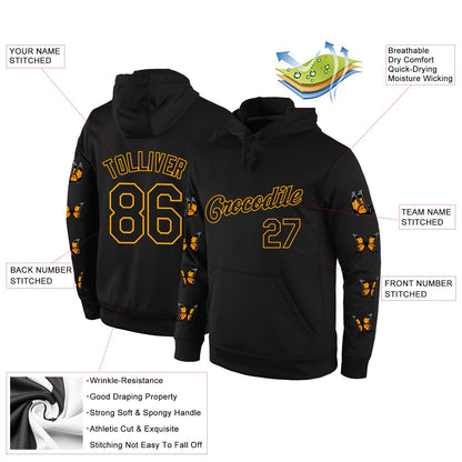 Custom Stitched Black Black-Gold 3D Pattern Design Butterfly Sports Pullover Sweatshirt Hoodie