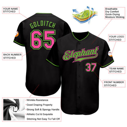 Custom Black Pink-Neon Green Authentic Baseball Jersey