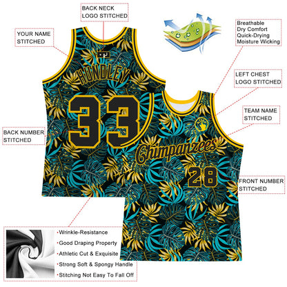 Custom Black Black-Gold 3D Pattern Tropical Hawaii Plants Authentic Basketball Jersey