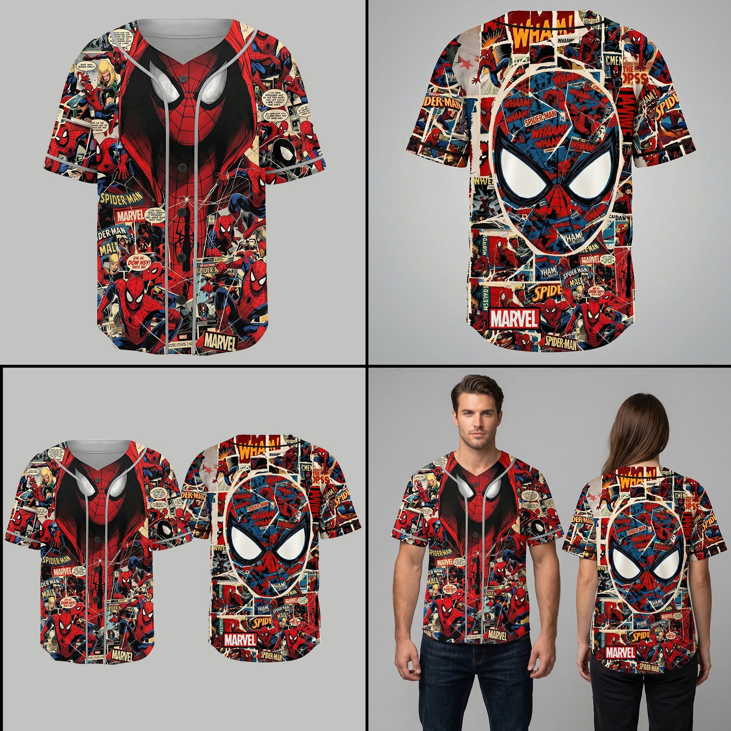 Custom Comic Web Hero Inspired Button Up Jersey, Superhero Fan Cosplay Sports Shirt