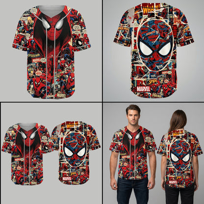 Custom Comic Web Hero Inspired Button Up Jersey, Superhero Fan Cosplay Sports Shirt