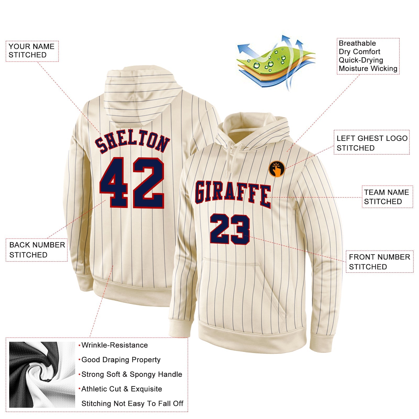 Custom Stitched Cream Navy Pinstripe Navy-Red Sports Pullover Sweatshirt Hoodie