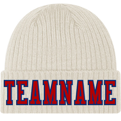 Custom Cream Red-Royal Stitched Cuffed Knit Hat