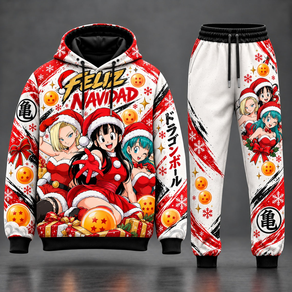 Dragon Ball Christmas Fan Set Style 03 featuring Android 18, Chi-Chi and Bulma with Comic Feliz Navidad Title, Master Roshi Kame Kanji 亀, Dragon Balls, Gift Boxes, Pullover Hoodie and Matching Jogger Sweatpants