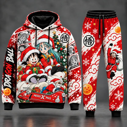 Kid Goku and Bulma Santa Sleigh Ride Christmas Tracksuit Set with Master Roshi Santa Sled Manga Panel Graphics Pullover Hoodie and Red Jogger Pants HB141026