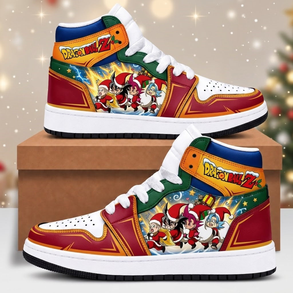 Dragon Ball Z Christmas high top sneakers in vibrant festive multi-color featuring chibi Z-Fighters Santa Goku Vegeta Bulma Trunks running with holiday gift sacks - Style 05 HB151026
