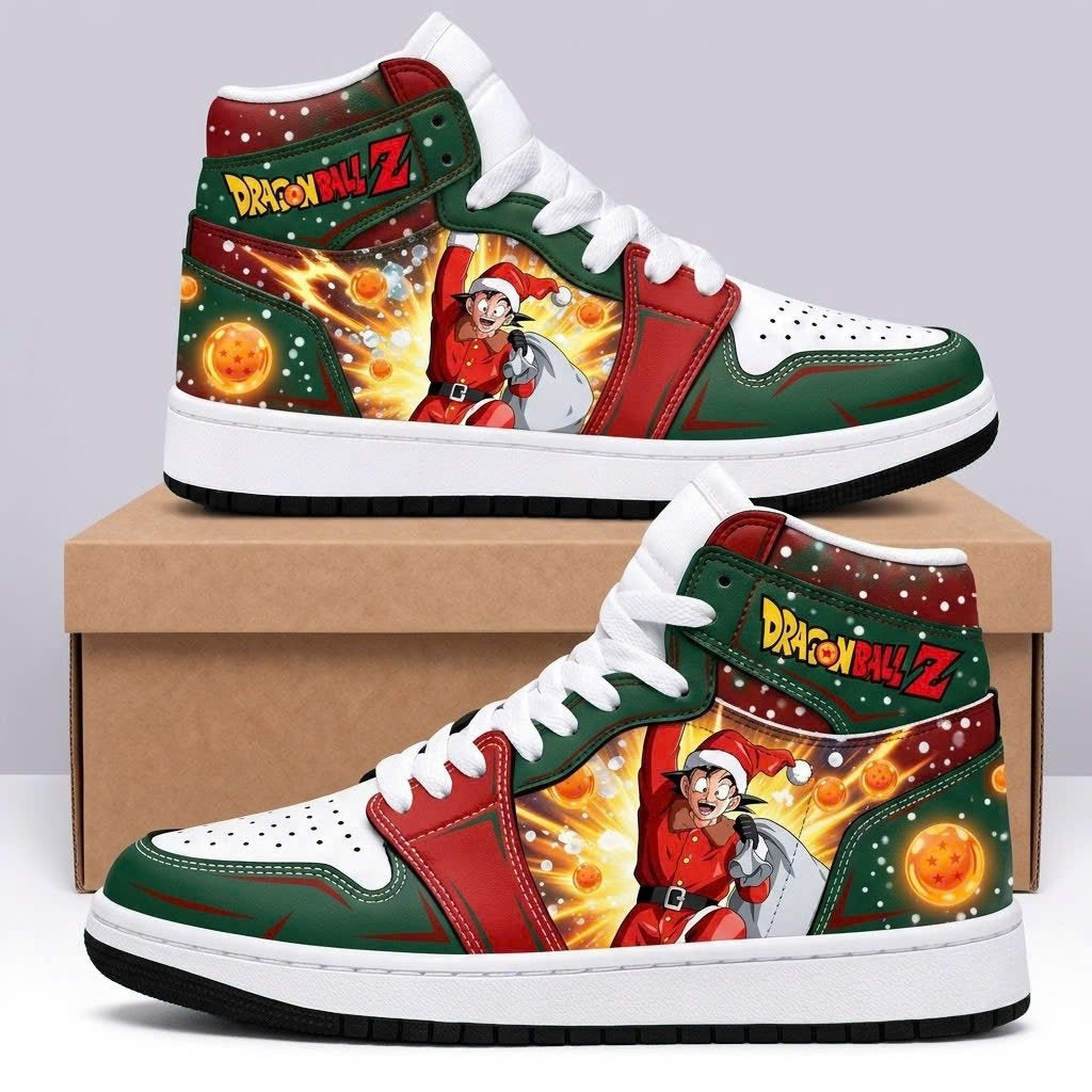 Dragon Ball Z Christmas high top sneakers in holiday pine green and crimson red featuring Goku dressed in full Santa Claus suit delivering gift sack with explosive golden aura and 7 dragon balls - Style 02 HB151026