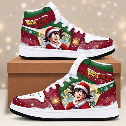 Dragon Ball Z Christmas high top sneakers in rich holiday wine burgundy and evergreen featuring Santa Goku portrait with glowing ki sparkles and iconic Goku Go kanji crest - Style 04 HB151026