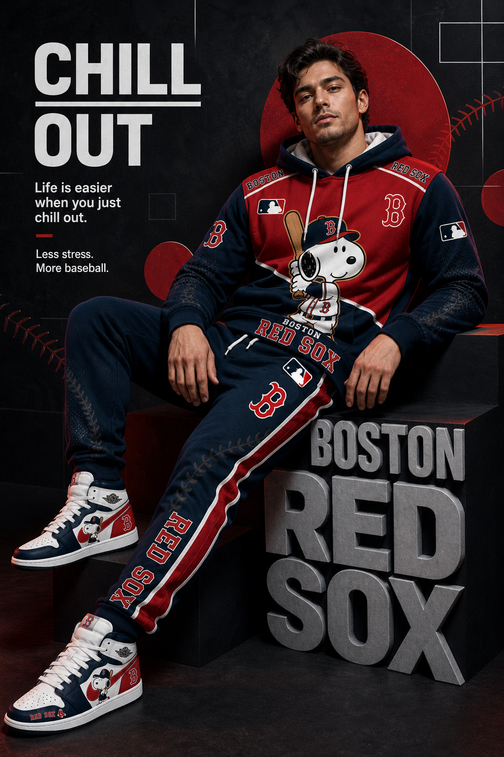 Boston Red Sox Snoopy Baseball Fan 3-Piece Set – Hoodie — Sweatpants & High-Top Sneakers - Custom Fan Apparel Image 1