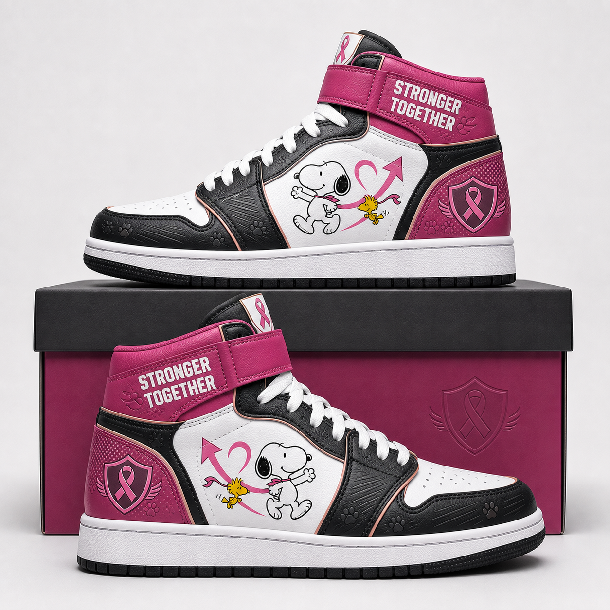 Snoopy - Stronger Together - Breast Cancer Awareness High Top Sneakers
