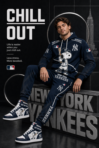 New York Yankees Snoopy Baseball Fan 3-Piece Set – Hoodie — Sweatpants & High-Top Sneakers - Custom Fan Apparel Image 1