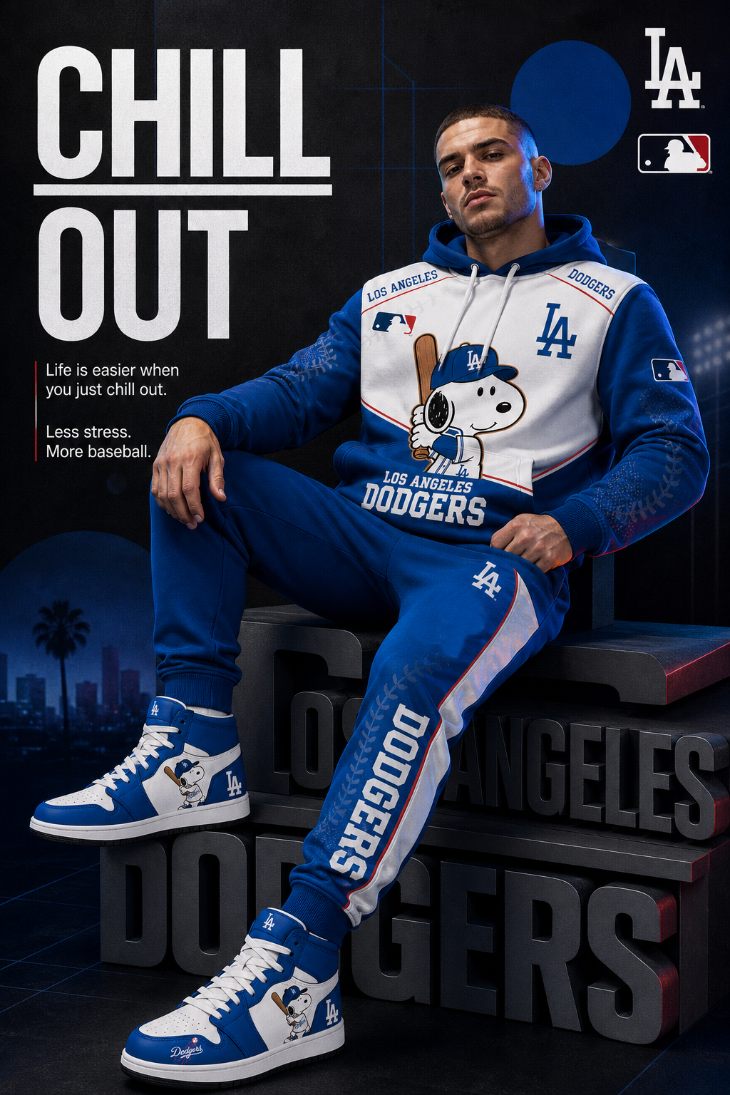 Los Angeles Dodgers Snoopy Baseball Fan 3-Piece Set – Hoodie — Sweatpants & High-Top Sneakers - Custom Fan Apparel Image 1