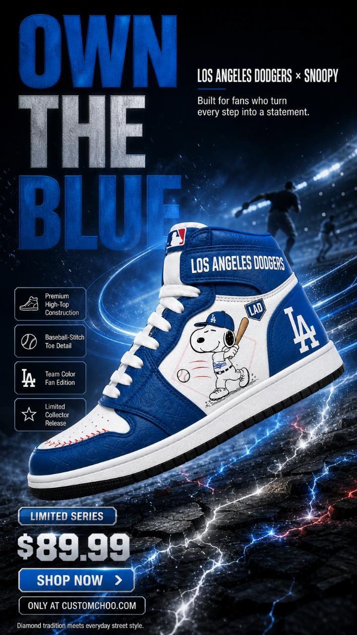 Los Angeles Dodgers Snoopy Baseball Fan 3-Piece Set – Hoodie — Sweatpants & High-Top Sneakers - Custom Fan Apparel Image 4