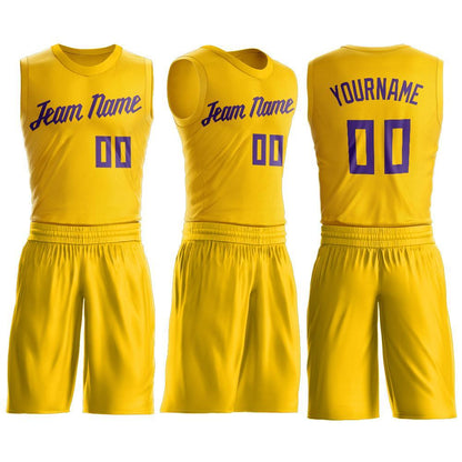 Custom Gold Purple Round Neck Basketball Uniform Jersey