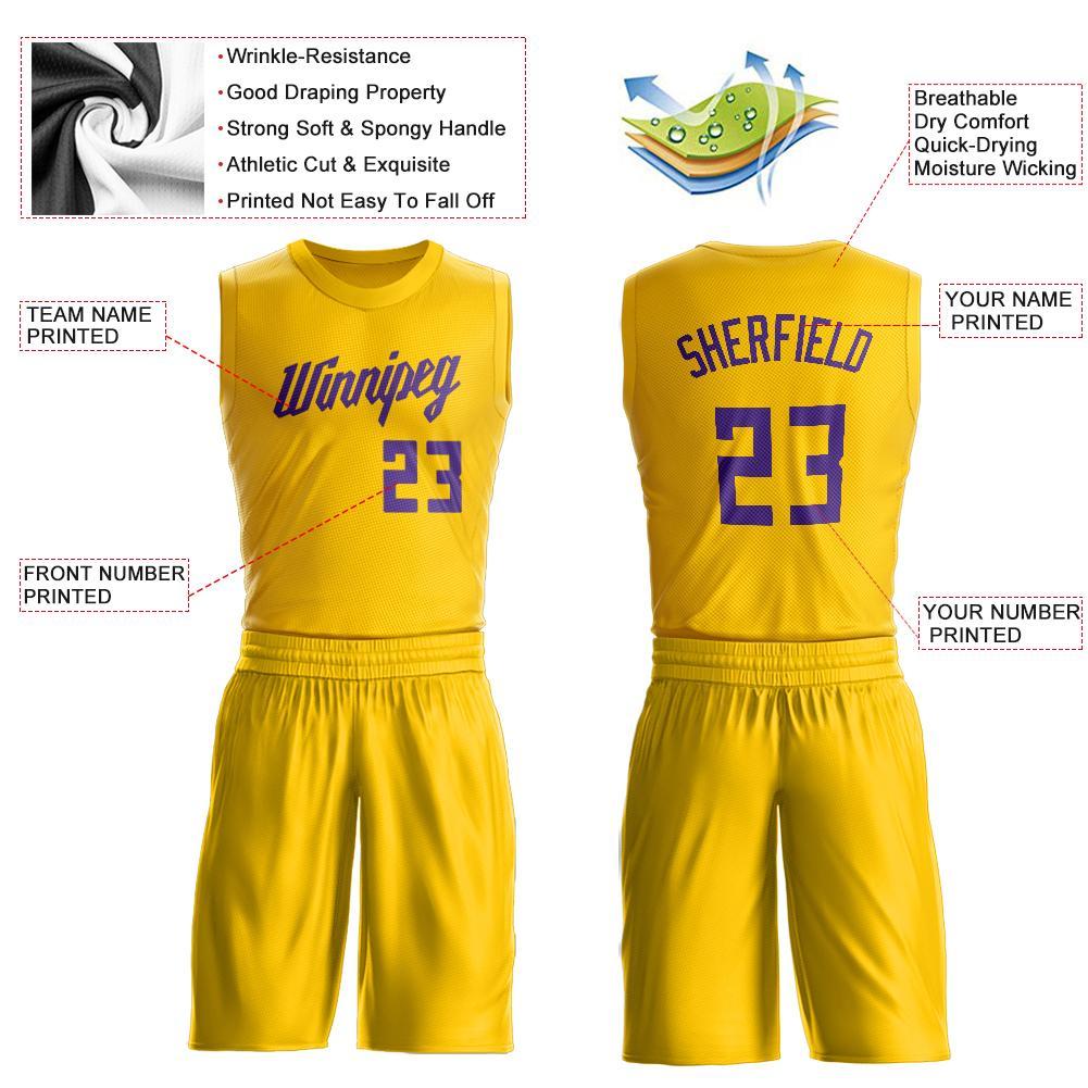 Custom Gold Purple Round Neck Basketball Uniform Jersey