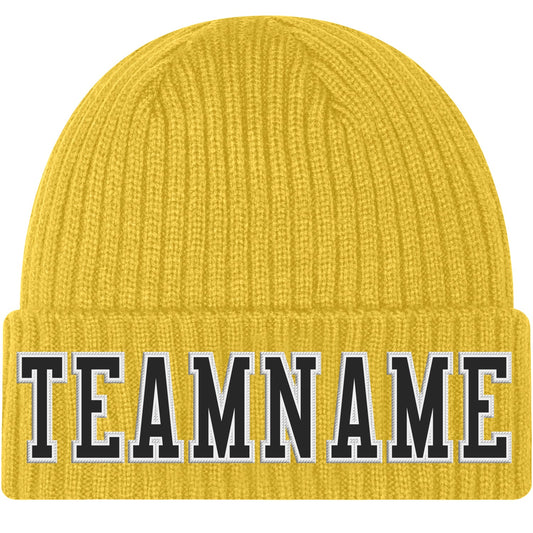 Custom Gold Black-White Stitched Cuffed Knit Hat