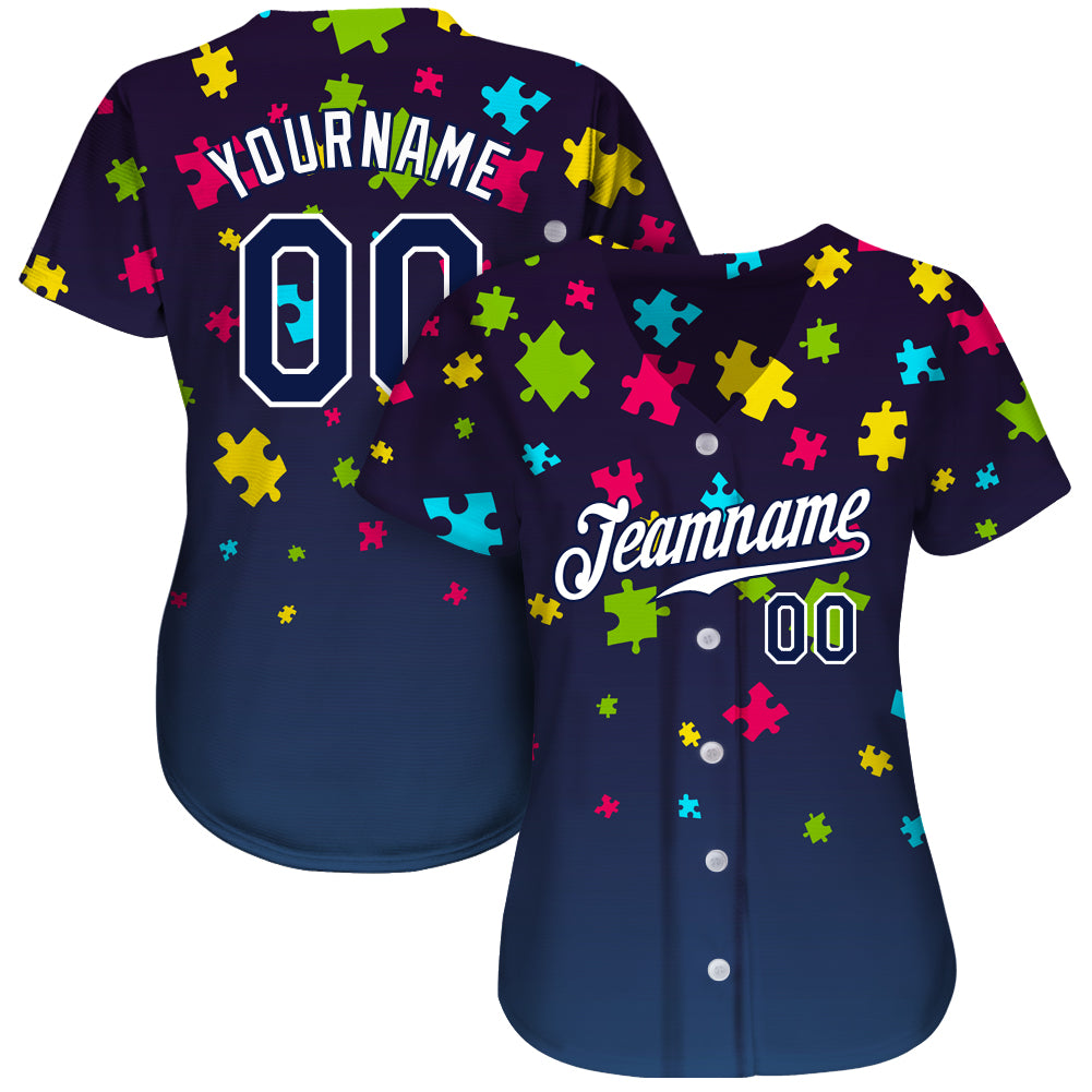 Custom Autism Supporter Awareness Puzzle Pieces Navy-White 3D Authentic Baseball Jersey