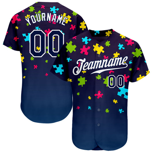 Custom Autism Supporter Awareness Puzzle Pieces Navy-White 3D Authentic Baseball Jersey