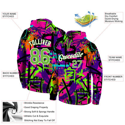 Custom Stitched Graffiti Pattern Neon Green-White 3D Sports Pullover Sweatshirt Hoodie