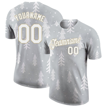 Custom Gray White-Old Gold Christmas 3D Performance T-Shirt