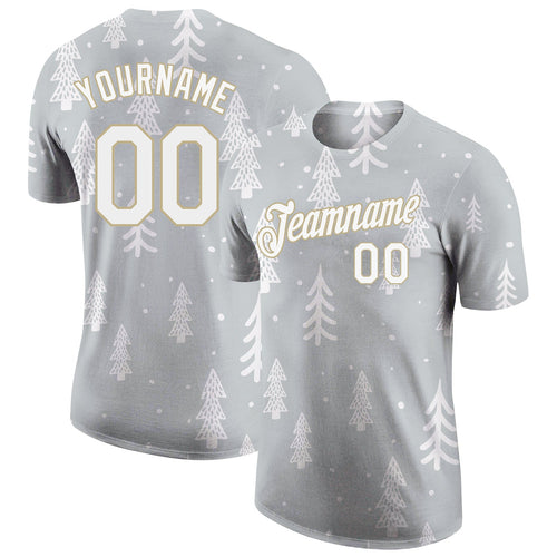 Custom Gray White-Old Gold Christmas 3D Performance T-Shirt