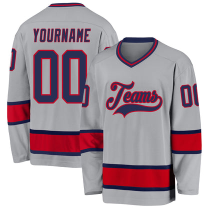 Custom Gray Navy-Red Hockey Jersey