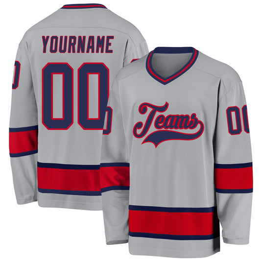 Custom Gray Navy-Red Hockey Jersey