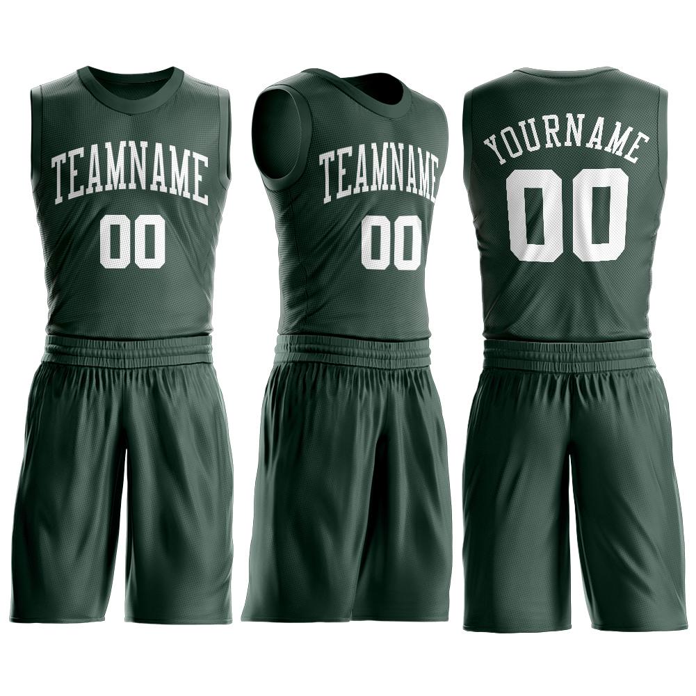 Custom Hunter Green White Round Neck Basketball Uniform Jersey