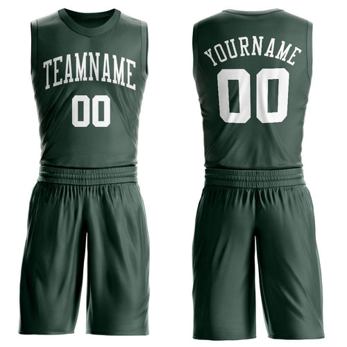 Custom Hunter Green White Round Neck Basketball Uniform Jersey
