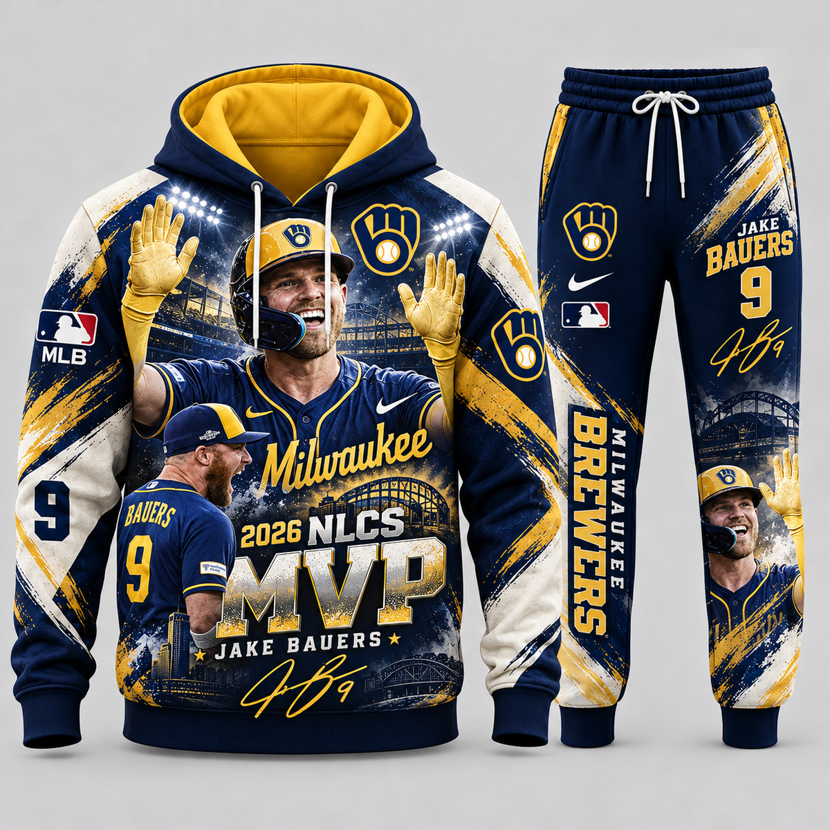Jake Bauers #9 Milwaukee Brewers 2026 NLCS MVP Graphic Hoodie and Sweatpants Tracksuit Set — Style 01
