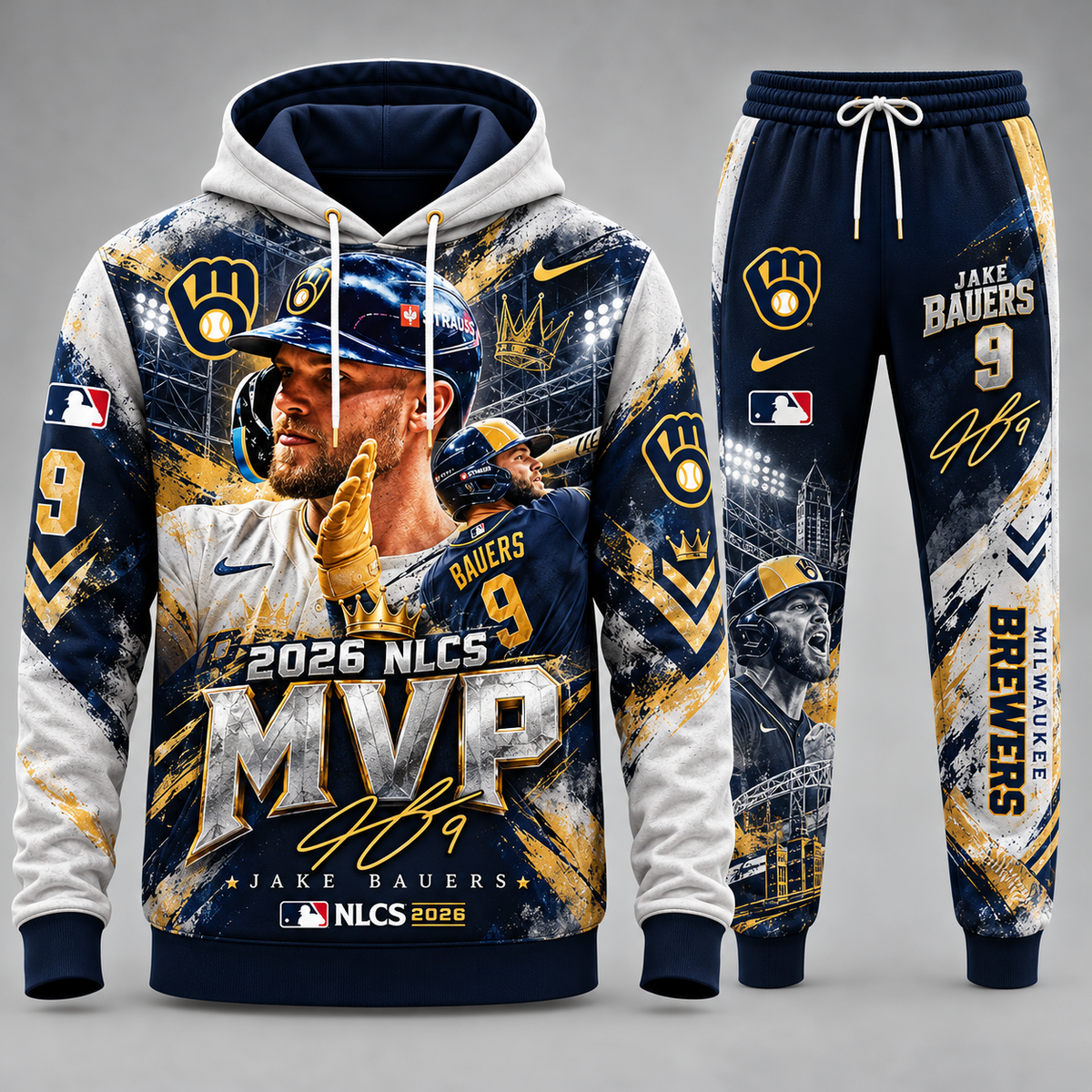 Jake Bauers #9 Milwaukee Brewers 2026 NLCS MVP Graphic Hoodie and Sweatpants Tracksuit Set — Style 02