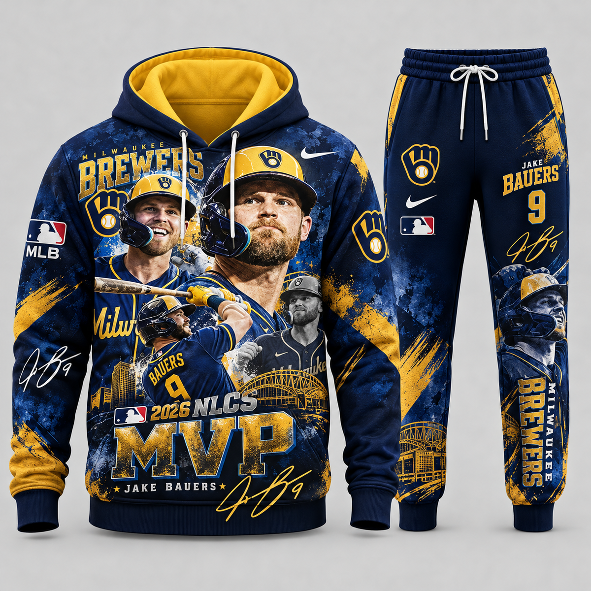 Jake Bauers #9 Milwaukee Brewers 2026 NLCS MVP Graphic Hoodie and Sweatpants Tracksuit Set — Style 03