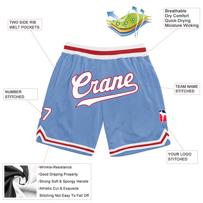 Custom Light Blue White-Red Authentic Throwback Basketball Shorts