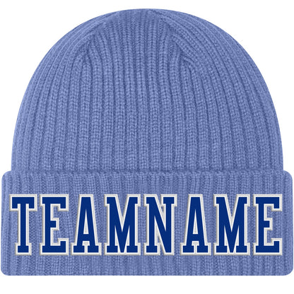 Custom Light Blue Royal-White Stitched Cuffed Knit Hat