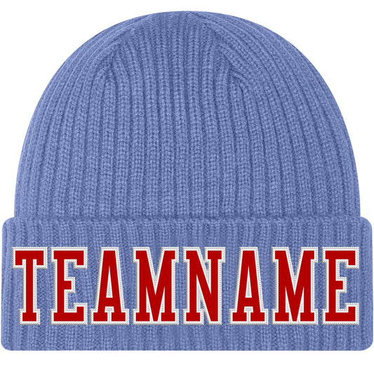 Custom Light Blue Red-White Stitched Cuffed Knit Hat