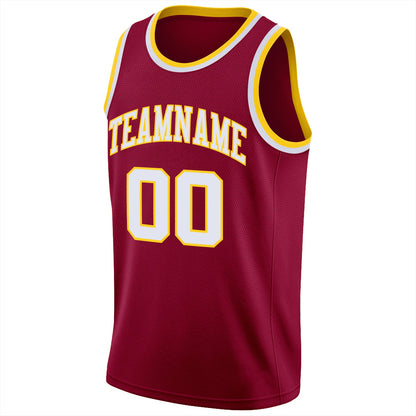 Custom Maroon White-Gold Round Neck Rib-Knit Basketball Jersey