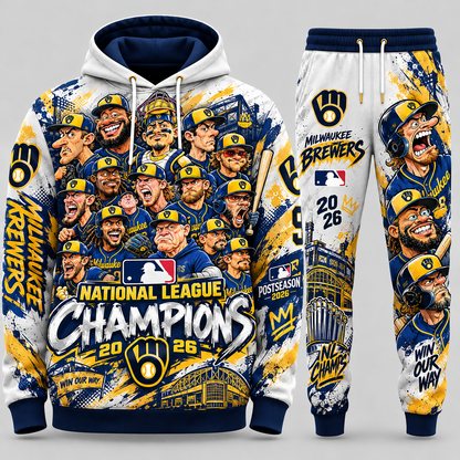 Milwaukee Brewers 2026 NL Champions 'Win Our Way' Caricature Graphic Hoodie and Sweatpants Tracksuit Set — Style 02 Pure White Edition
